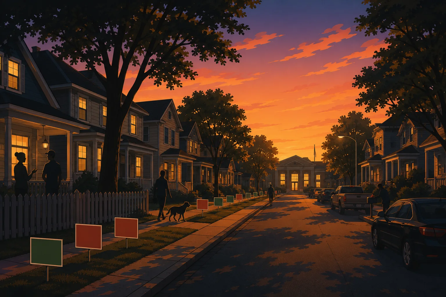 A street lined with yes and no yard signs at dusk