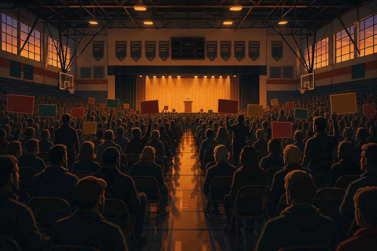 A packed convention floor in a school gymnasium